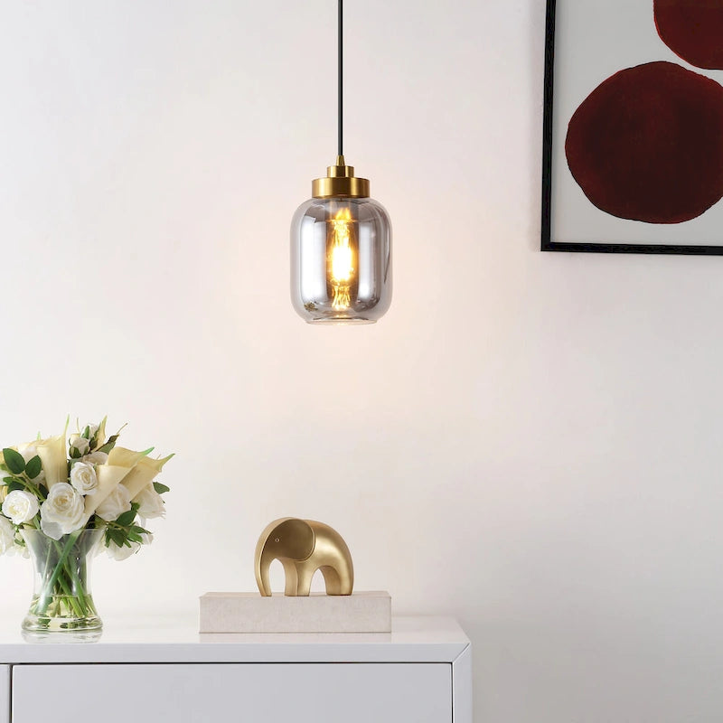 SAFAVIEH Dafinka 6-inch Glass Pendant Light - 6 In. W x 6 In. D x 26268 In. H - Smoke Grey/Brass - 6Wx6Dx71H