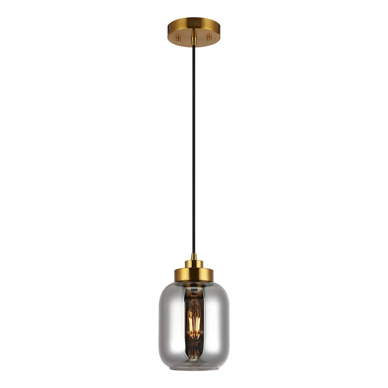 Suspension en verre SAFAVIEH Dafinka 15 cm (6 po) - 15 cm (6 po) L x 15 cm (6 po) P x 66 cm (26 po) H - Gris fumé/Laiton - 15 cm (6 po) L x 15 cm (6 po) P x 180 cm (71 po) H