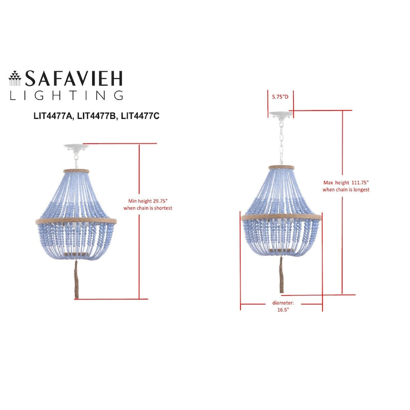 Suspension Kaori de SAFAVIEH Lighting, réglable, 3 lumières, bleue - 16,5 x 16,5 x 29,75 cm - 111,75 cm - 17 cm (L) x 17 cm (P) x 112 cm (H)