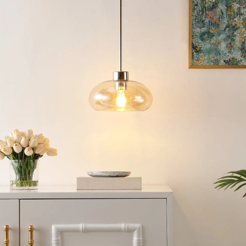 SAFAVIEH Lighting Berivan Glass Shade Pendant - 11 In. W x 11 In. D x 15-45 In. H - Amber/Nickel - 11Wx11Dx45H