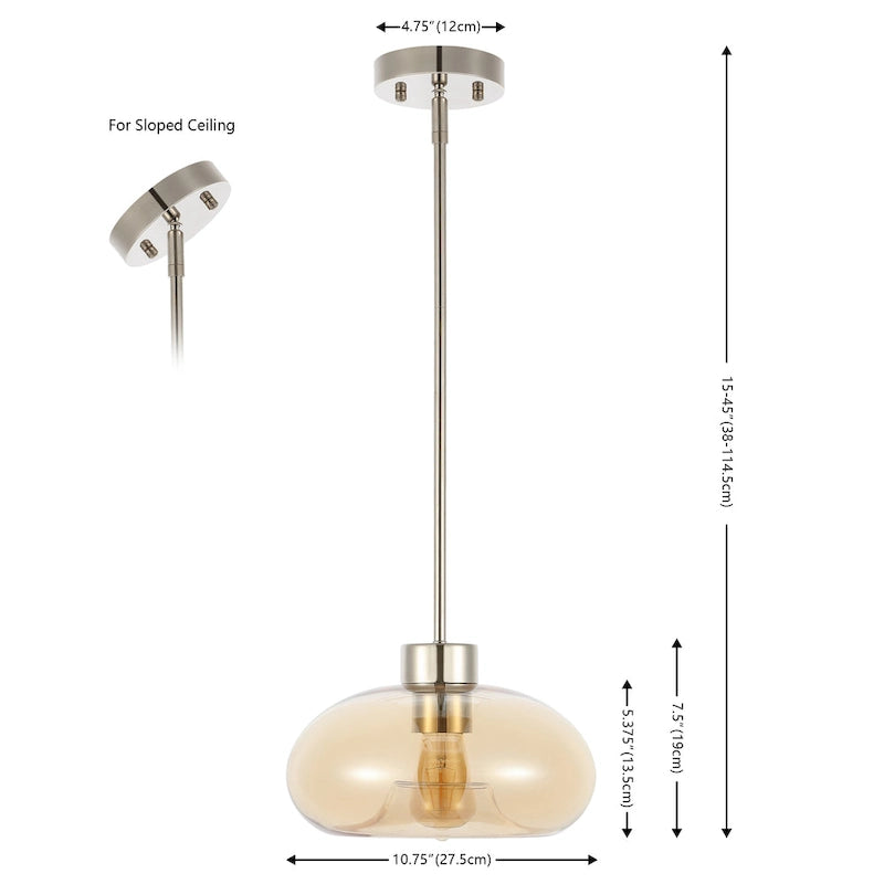 Suspension SAFAVIEH Lighting Berivan avec abat-jour en verre - 28 cm L x 28 cm P x 38-114 cm H - Ambre/Nickel