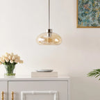 Suspension SAFAVIEH Lighting Berivan avec abat-jour en verre - 28 cm L x 28 cm P x 38-114 cm H - Ambre/Nickel