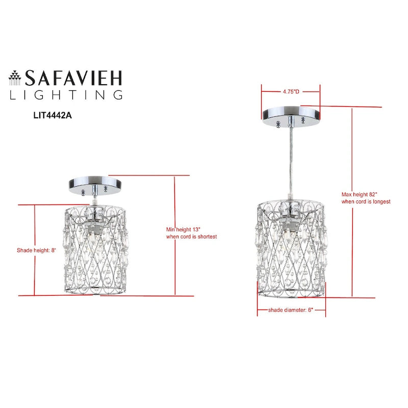 Suspension réglable Sofiea 1 lumière chromée à perles - 6 x 6 x 13 - 82 - Chrome/Transparent - 6L x 6P x 82H