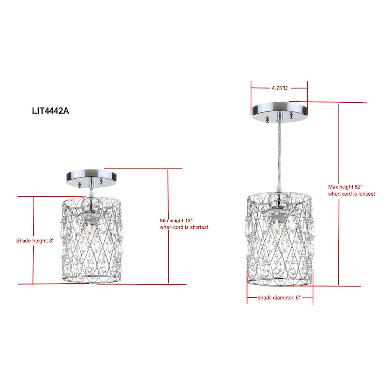 Suspension réglable Sofiea 1 lumière chromée à perles - 6 x 6 x 13 - 82 - Chrome/Transparent - 6L x 6P x 82H