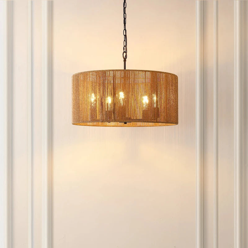 Suspension moderne et contemporaine Dinuca 24 de SAFAVIEH Lighting (5 ampoules) - 61 cm (L) x 61 cm (P) x 203 cm (H) - Naturel/Noir