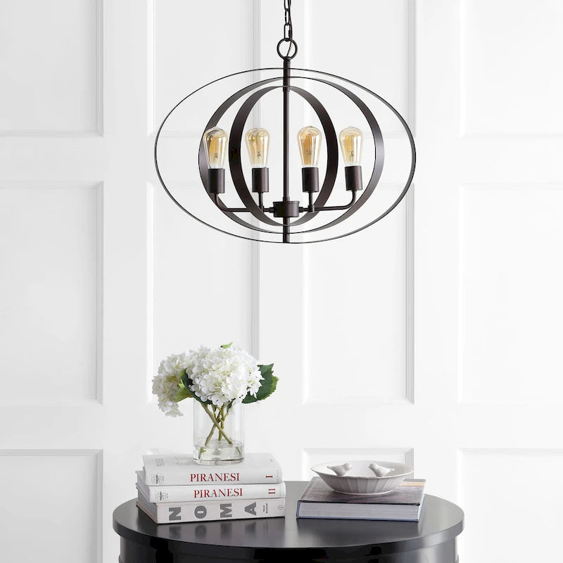 Suspension réglable à 4 lumières LED Spaska de SAFAVIEH Lighting, en laiton - 23,6 x 23,6 x 22-94 - Gris foncé - 24 po L x 24 po P x 94 po H