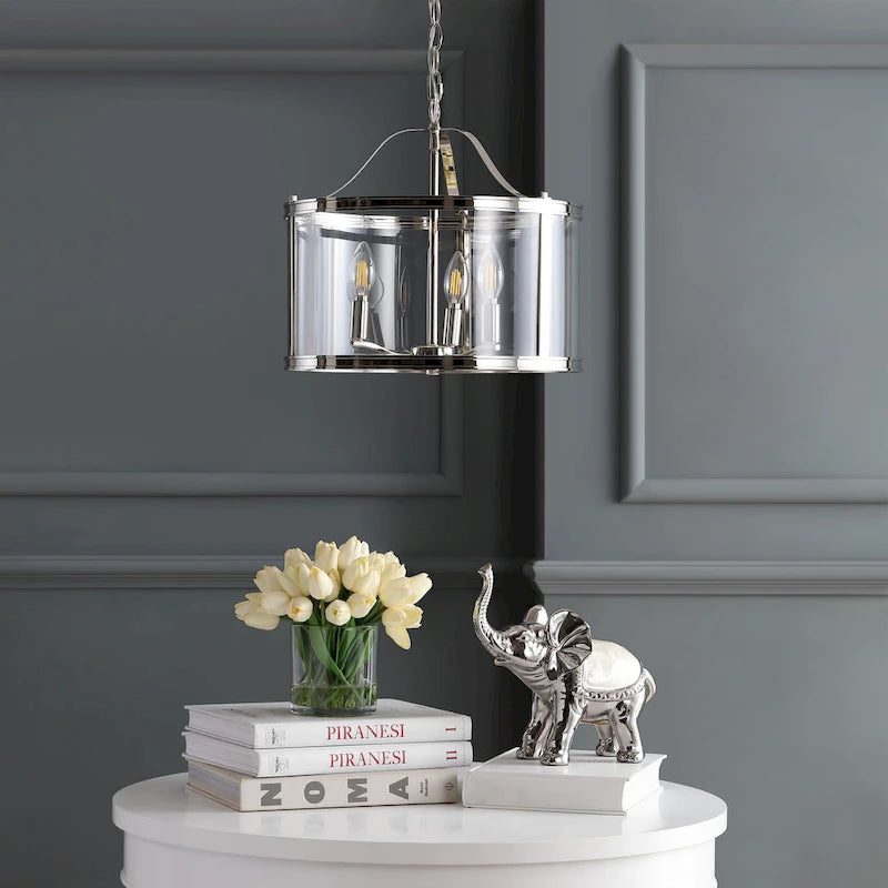 Suspension LED Lelouda de SAFAVIEH Lighting, réglable à 3 lumières, finition nickel brillant/transparent - 40,6 x 40,6 x 47-230,5 cm (16 x 16 x 91 cm)