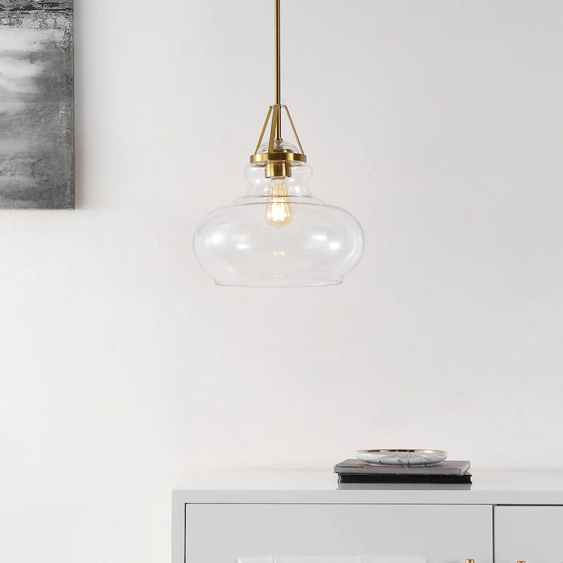 Suspension Gerhild 14 de SAFAVIEH Lighting, style moderne et contemporain - 14 cm (L) x 14 cm (P) x 54 cm (H) - Laiton doré/transparent