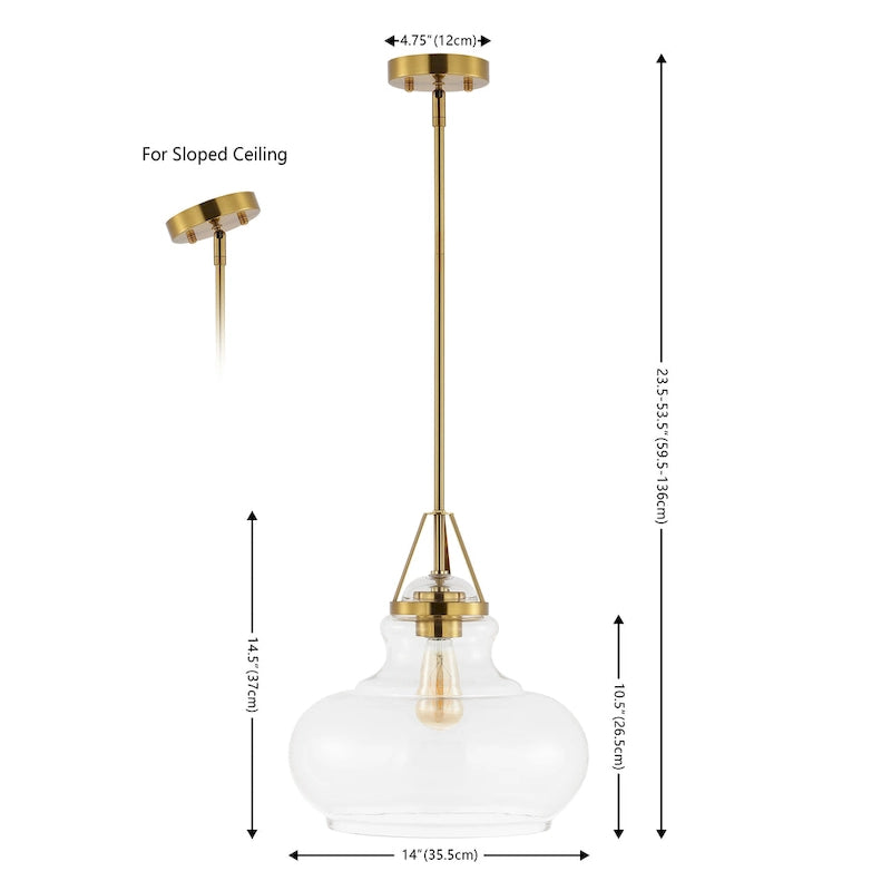 Suspension Gerhild 14 de SAFAVIEH Lighting, style moderne et contemporain - 14 cm (L) x 14 cm (P) x 54 cm (H) - Laiton doré/transparent