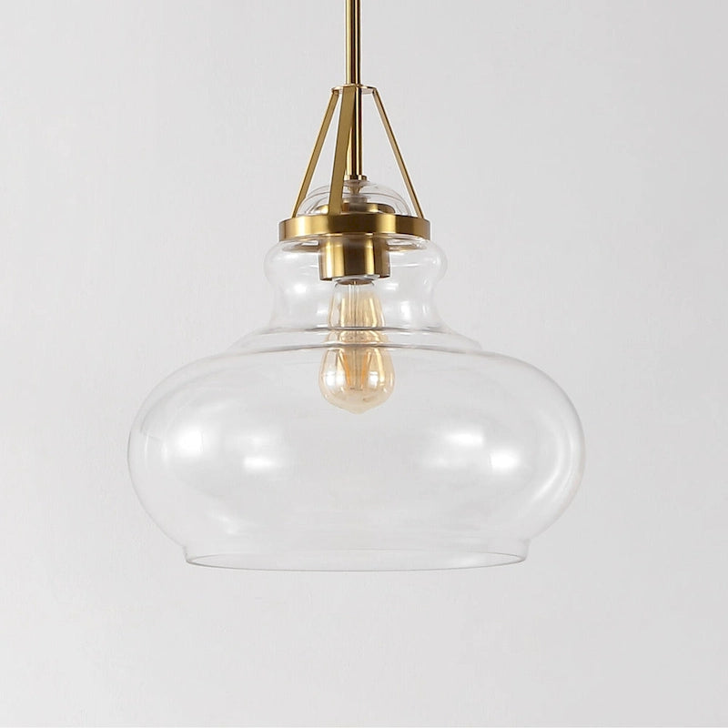 Suspension Gerhild 14 de SAFAVIEH Lighting, style moderne et contemporain - 14 cm (L) x 14 cm (P) x 54 cm (H) - Laiton doré/transparent