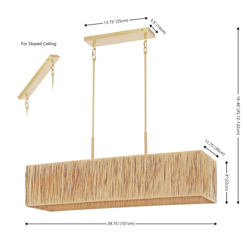 Suspension extensible Hanke de SAFAVIEH Lighting - 101,6 cm L x 30,5 cm P x 45,7 à 121,9 cm H - Naturel/Doré - 101,6 cm L x 30,5 cm P x 121,9 cm H