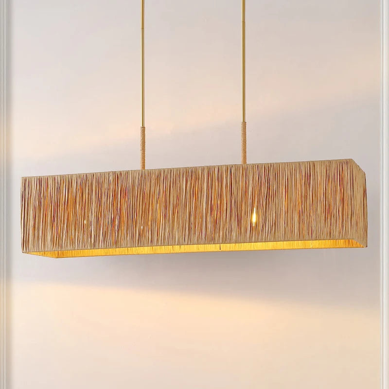 Suspension extensible Hanke de SAFAVIEH Lighting - 101,6 cm L x 30,5 cm P x 45,7 à 121,9 cm H - Naturel/Doré - 101,6 cm L x 30,5 cm P x 121,9 cm H
