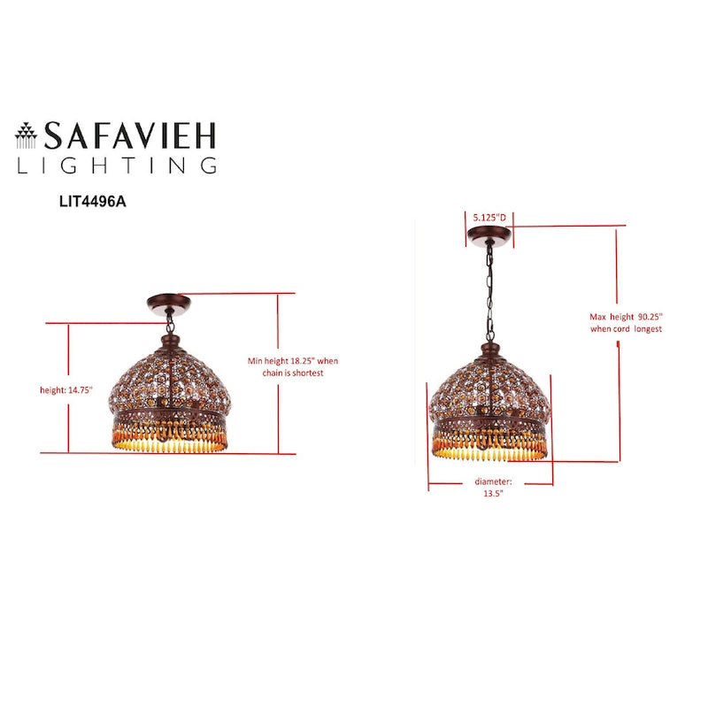 Suspension réglable Rosanda à 3 lumières en bronze à perles de SAFAVIEH Lighting - 13,5 x 13,5 x 18,25-90,25