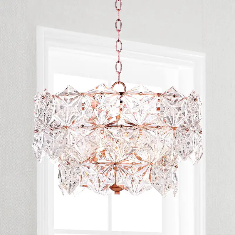 SAFAVIEH Lighting Regelinde Adjustable 4-Light Copper Crystal Pendant - 19  x 19  x 13-85  - Clear/Copper - 19Wx19Dx85H