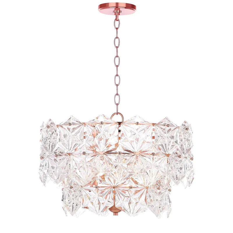 Suspension réglable SAFAVIEH Lighting Regelinde à 4 lumières en cuivre et cristal - 19 x 19 x 13-85 - Transparent/Cuivre - 19L x 19P x 85H