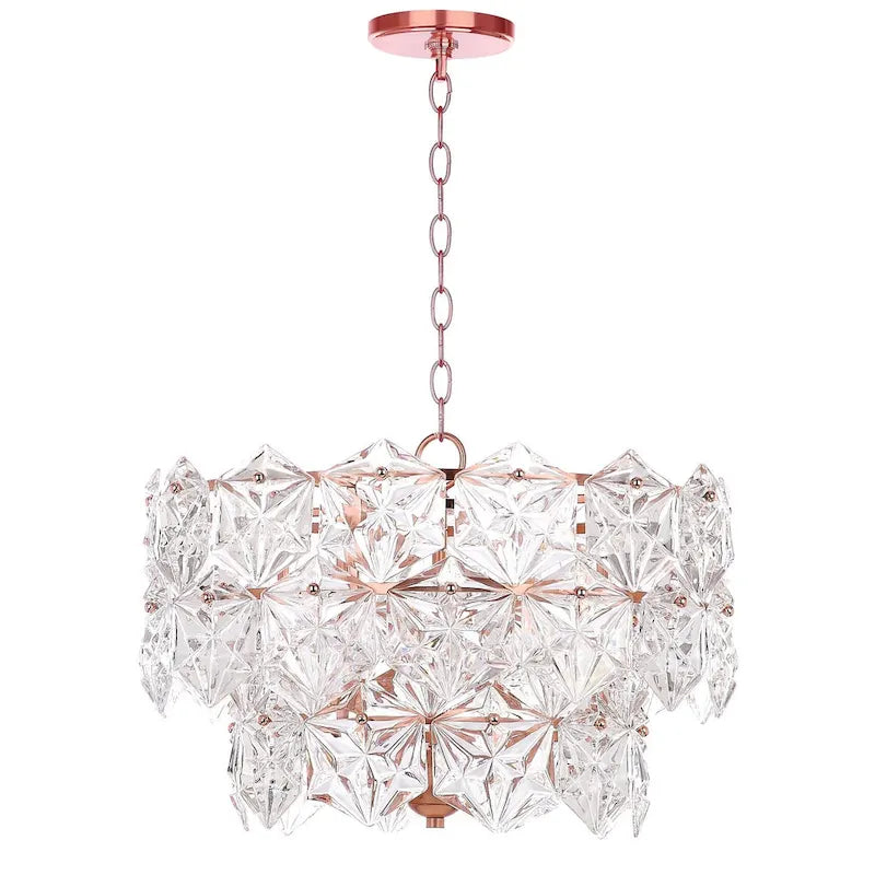 Suspension réglable SAFAVIEH Lighting Regelinde à 4 lumières en cuivre et cristal - 19 x 19 x 13-85 - Transparent/Cuivre - 19L x 19P x 85H