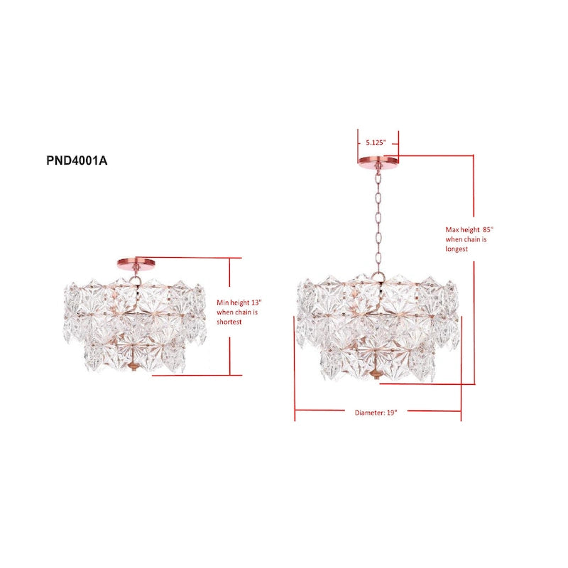 Suspension réglable SAFAVIEH Lighting Regelinde à 4 lumières en cuivre et cristal - 19 x 19 x 13-85 - Transparent/Cuivre - 19L x 19P x 85H