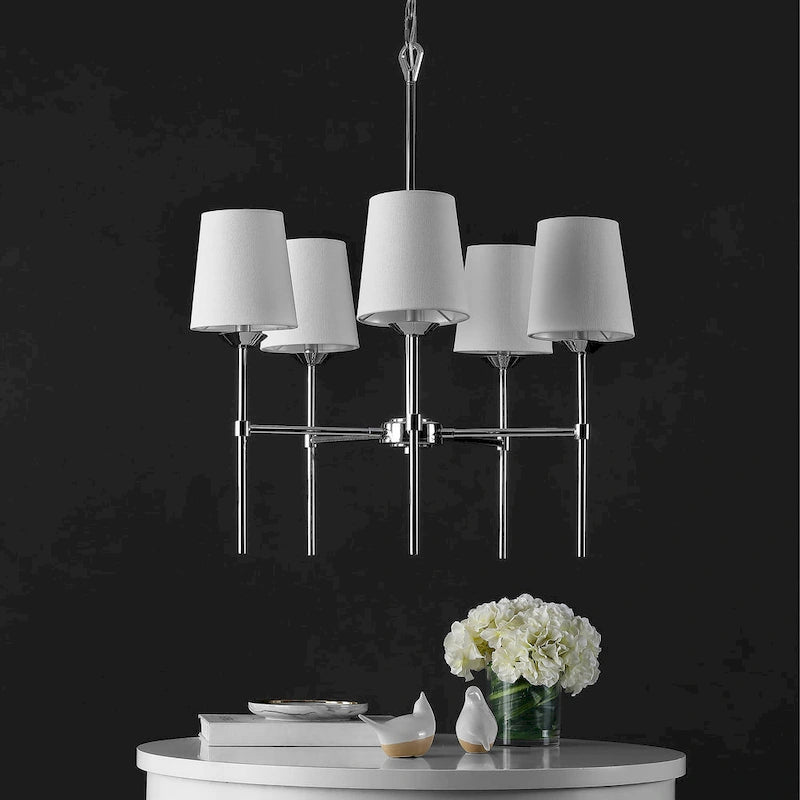 Suspension réglable Vaska à 5 lumières LED de SAFAVIEH Lighting - 66 cm (L) x 66 cm (l) x 95-278 cm (H) - Chrome/Blanc - 66 cm (L) x 66 cm (P) x 280 cm (H)