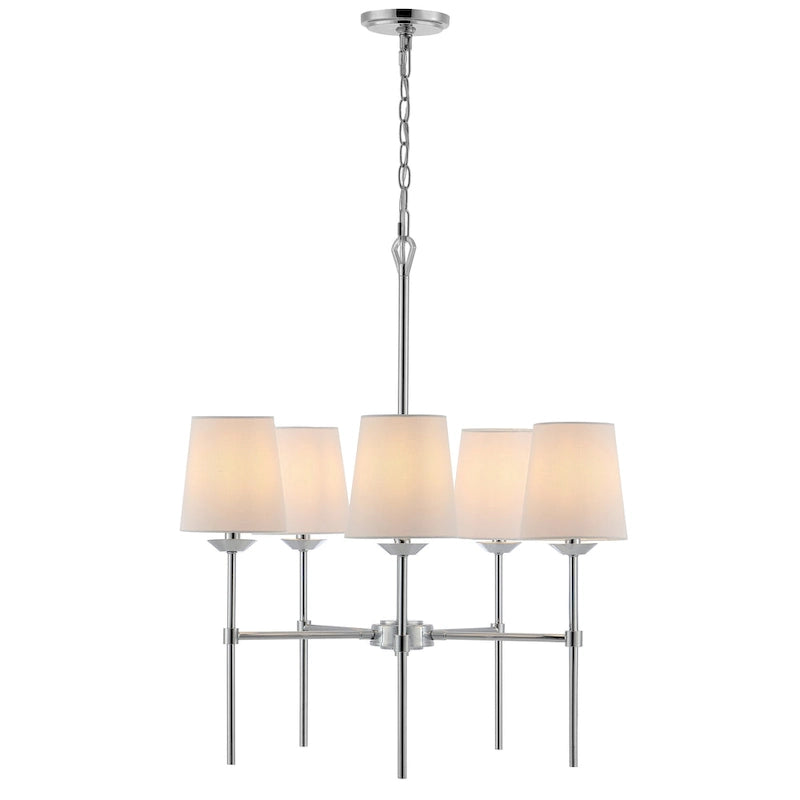 Suspension réglable Vaska à 5 lumières LED de SAFAVIEH Lighting - 66 cm (L) x 66 cm (l) x 95-278 cm (H) - Chrome/Blanc - 66 cm (L) x 66 cm (P) x 280 cm (H)