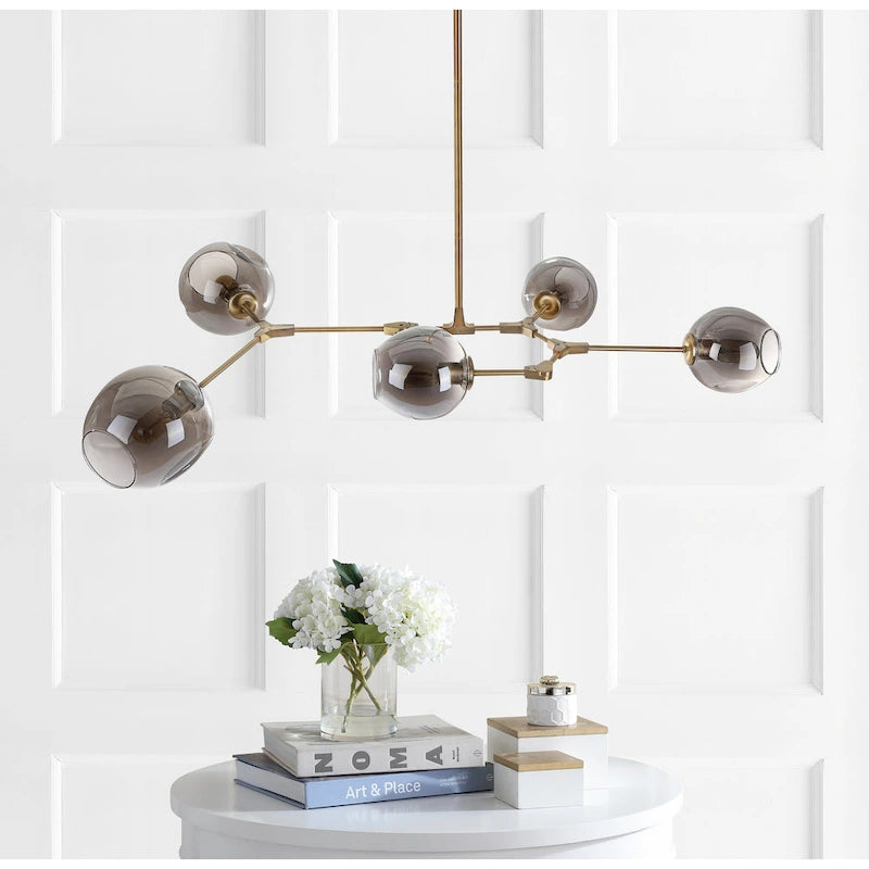 Suspension SAFAVIEH Lighting Cosima à 5 lumières, ampoules Edison, couleur grège - 53,5 x 32 x 45 cm - Laiton doré/Gris fumé - 54 x 32 x 45 cm (L x P x H)
