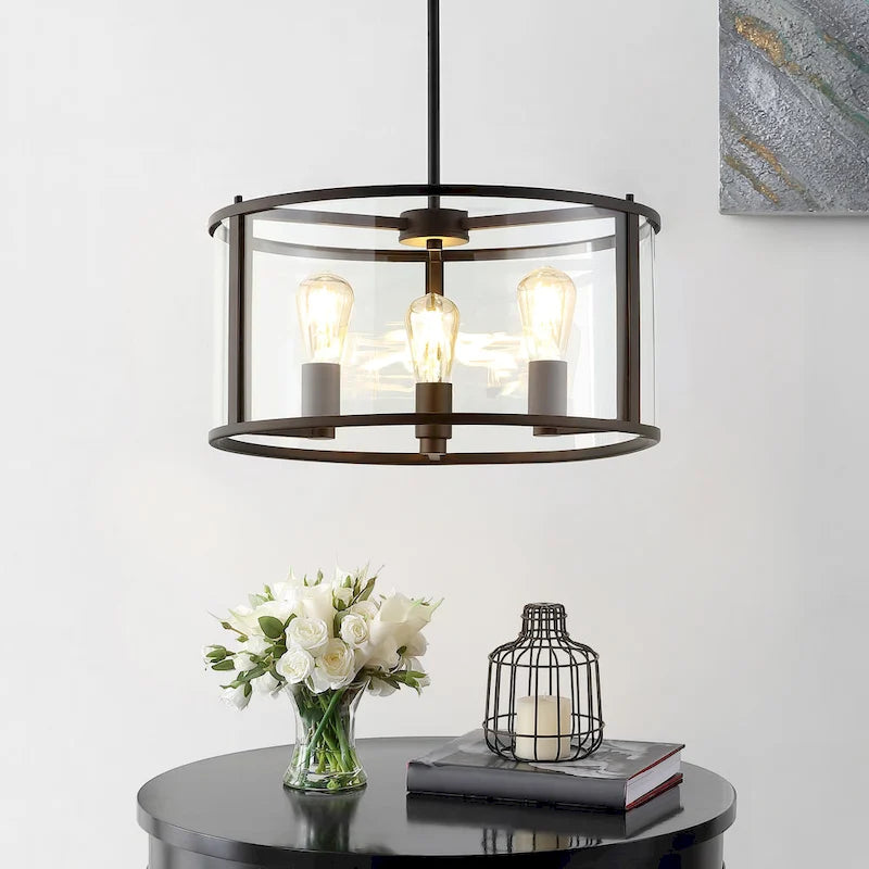 Suspension réglable SAFAVIEH Lighting Burcin à 3 lumières LED - 45,7 cm (L) x 45,7 cm (l) x 46,4 cm (H) - Transparent/Bronze huilé - 45,7 cm (L) x 45,7 cm (P) x 121,6 cm (H)