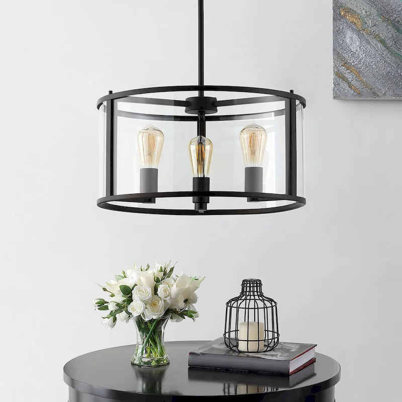 Suspension réglable SAFAVIEH Lighting Burcin à 3 lumières LED - 45,7 cm (L) x 45,7 cm (l) x 46,4 cm (H) - Transparent/Bronze huilé - 45,7 cm (L) x 45,7 cm (P) x 121,6 cm (H)