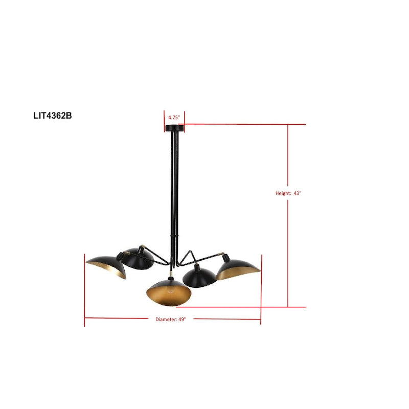Suspension Shara 5 lumières Lettie, 124 cm (49 po), finition feuille d'or - Noir - 124 cm (49 po) L x 124 cm (49 po) P x 109 cm (43 po) H