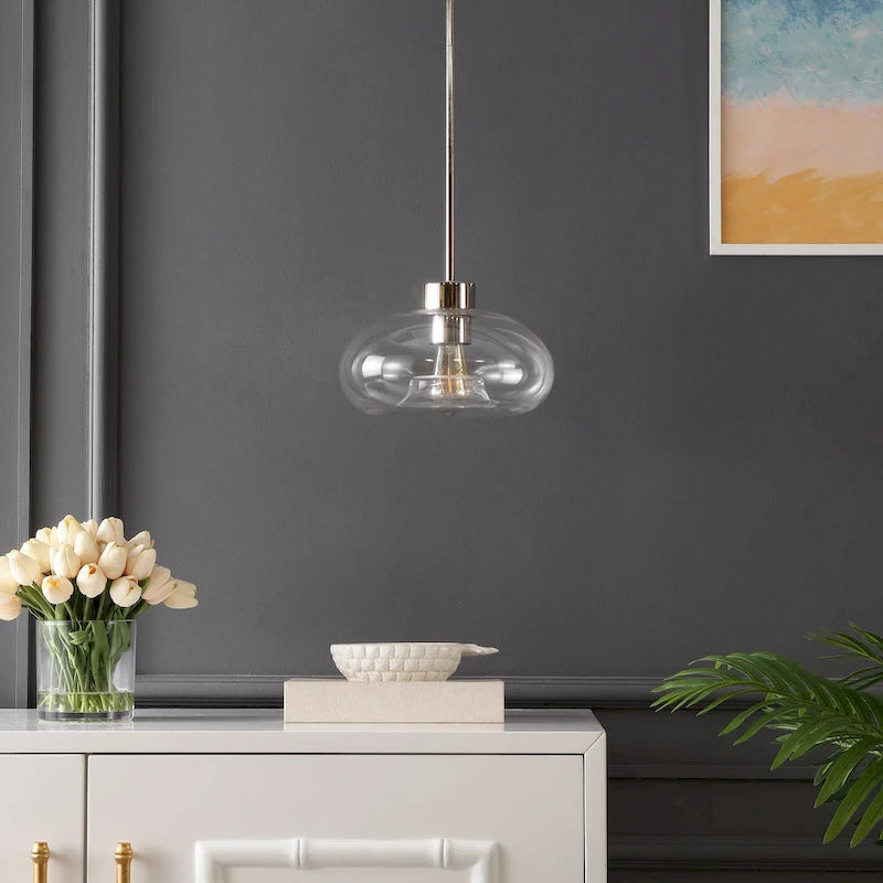 Suspension Ottilde en verre de SAFAVIEH Lighting - 28 cm L x 28 cm P x 38-114 cm H - Transparent/Nickel