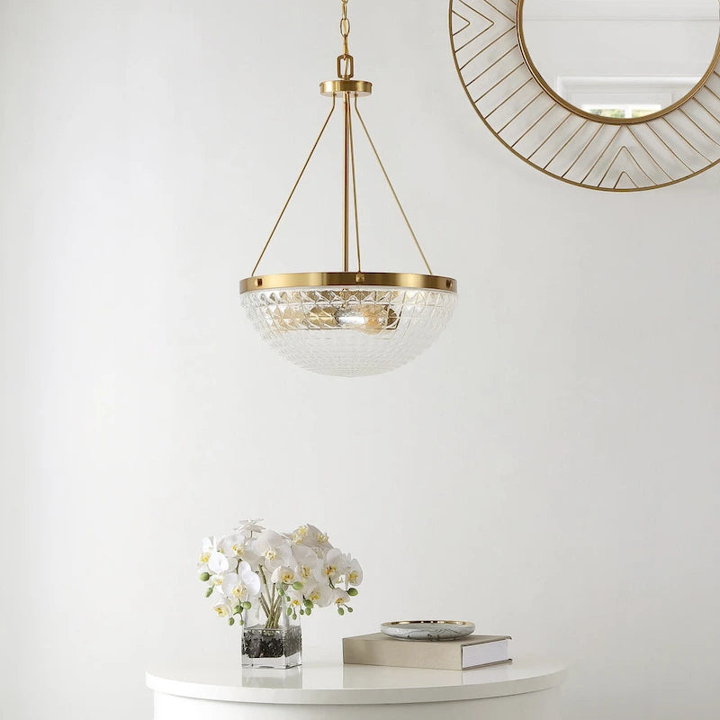 Suspension Tressy 3 lumières de SAFAVIEH Lighting - 42 cm (16,5 po) - 43 cm (17 po) L x 43 cm (17 po) P x 76-259 cm (30-102 po) H - Laiton doré/Verre transparent