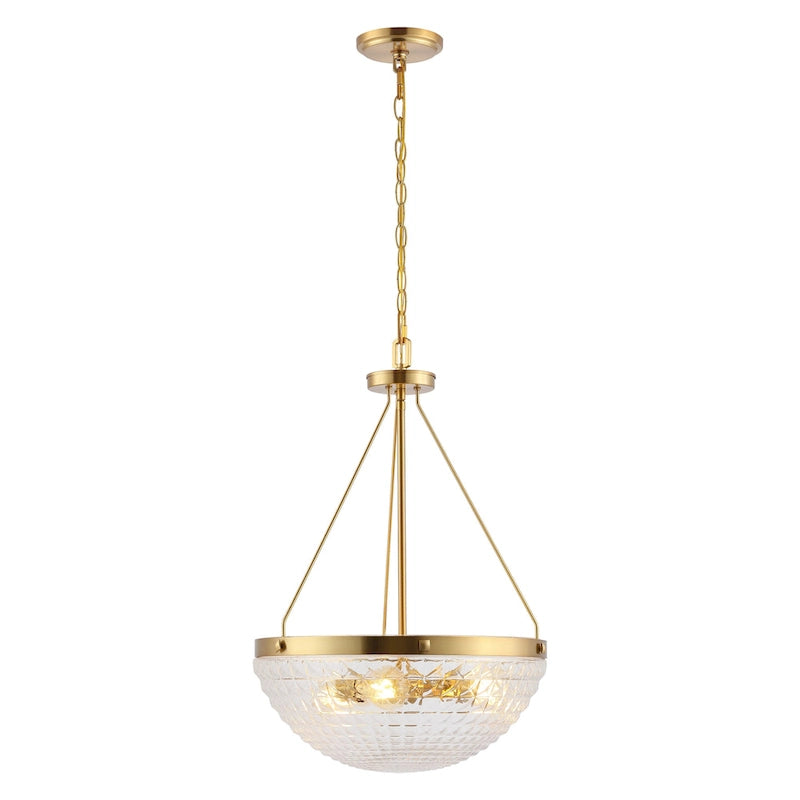 Suspension Tressy 3 lumières de SAFAVIEH Lighting - 42 cm (16,5 po) - 43 cm (17 po) L x 43 cm (17 po) P x 76-259 cm (30-102 po) H - Laiton doré/Verre transparent