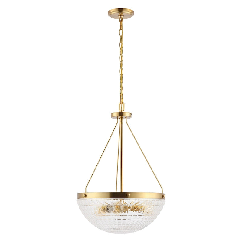 Suspension Tressy 3 lumières de SAFAVIEH Lighting - 42 cm (16,5 po) - 43 cm (17 po) L x 43 cm (17 po) P x 76-259 cm (30-102 po) H - Laiton doré/Verre transparent