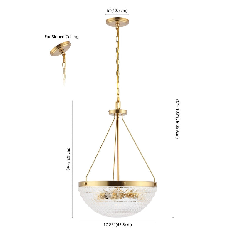 Suspension Tressy 3 lumières de SAFAVIEH Lighting - 42 cm (16,5 po) - 43 cm (17 po) L x 43 cm (17 po) P x 76-259 cm (30-102 po) H - Laiton doré/Verre transparent
