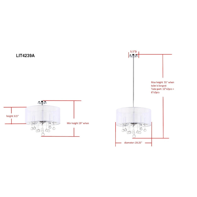 Suspension Kyra chromée réglable à 5 lumières de SAFAVIEH Lighting - 20 po L x 20 po P x 19-55 po H