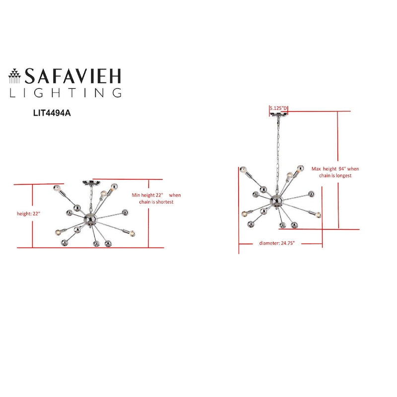 Suspension réglable SAFAVIEH Lighting Anitra Sputnik 6 lumières chromée, 65 cm (25 po) - 63 x 63 x 57 cm (24,75 x 24,75 x 22-94 po) - 63,5 cm (L) x 63,5 cm (P) x 238,5 cm (H)