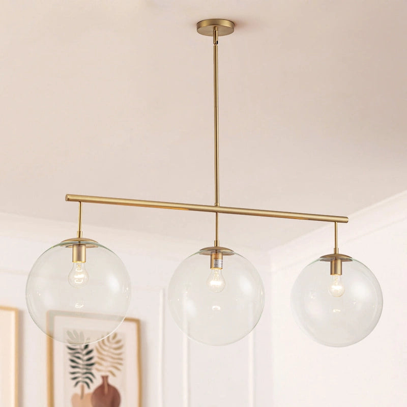 Suspension moderne à 3 lumières en verre doré linéaire avec globe et bulles pour îlot de cuisine