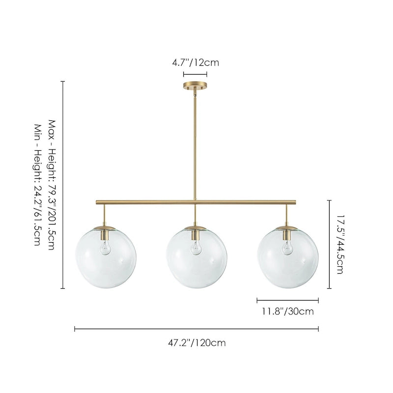 Suspension moderne à 3 lumières en verre doré linéaire avec globe et bulles pour îlot de cuisine