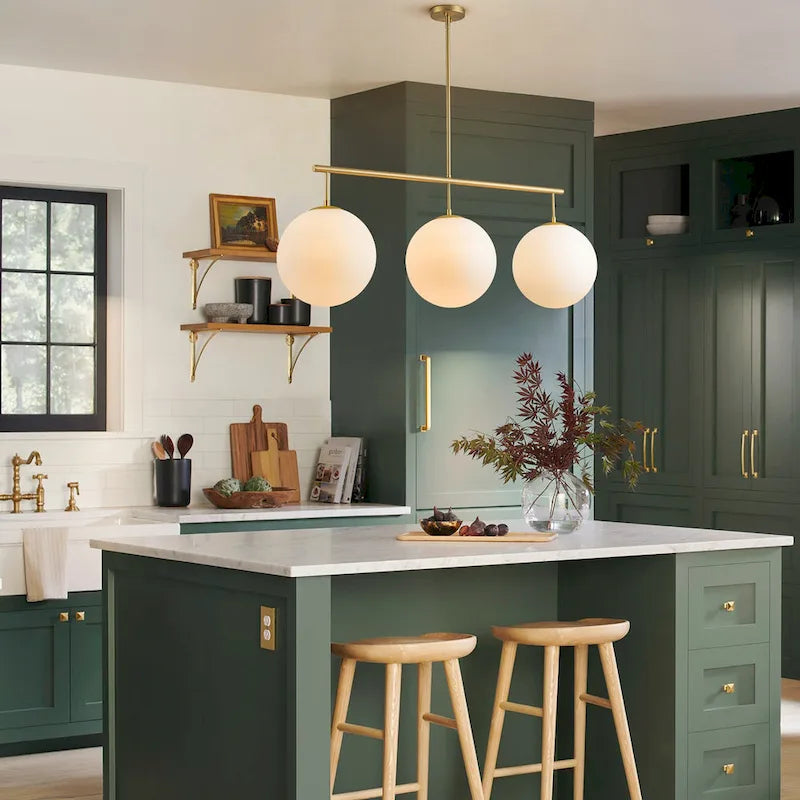 Suspension moderne à 3 lumières en verre doré linéaire avec globe et bulles pour îlot de cuisine