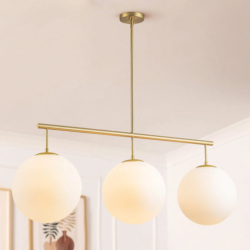Suspension moderne à 3 lumières en verre doré linéaire avec globe et bulles pour îlot de cuisine