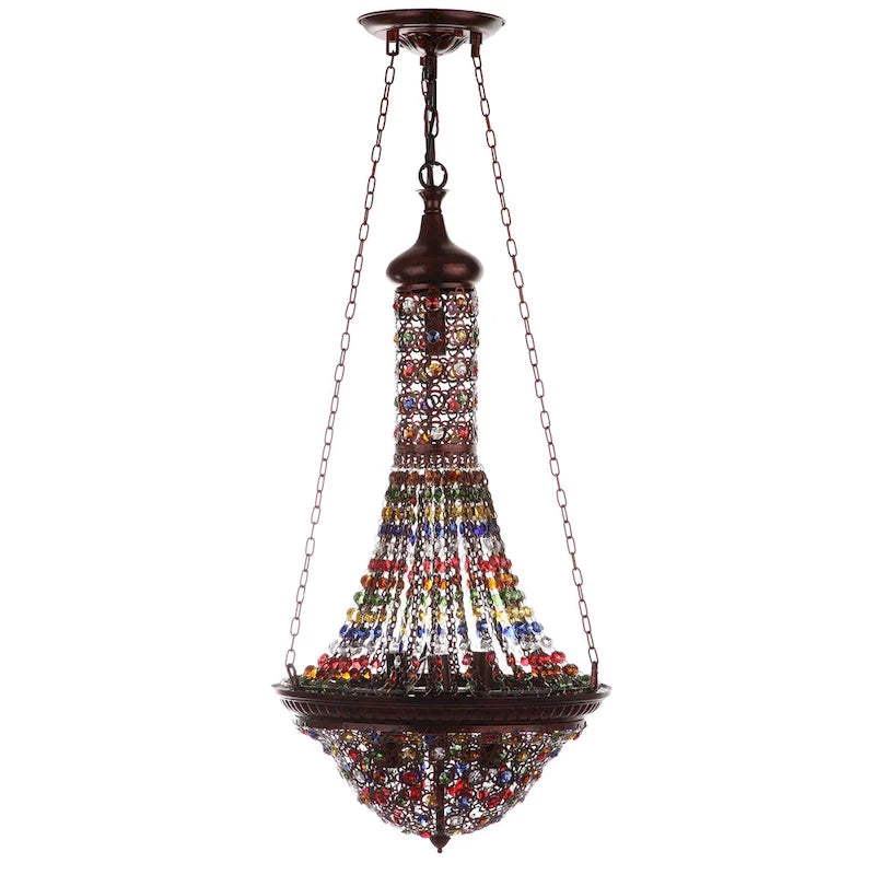 Suspension SAFAVIEH Lighting Moroccan Gentle à 7 lumières, bronze et perles colorées - 15 cm L x 15 cm P x 39 cm H