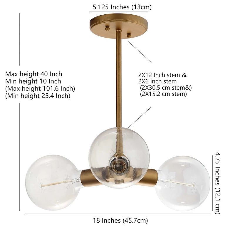 Suspension Harkin réglable à 3 ampoules Edison, couleur or, de SAFAVIEH Lighting - 45,7 cm (L) x 45,7 cm (P) x 106,7 cm (H)