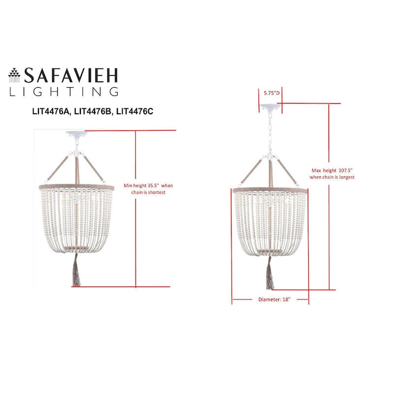 Suspension Angie à 3 lumières grises, réglable, ornée de perles, de SAFAVIEH Lighting - 45,7 cm (L) x 45,7 cm (P) x 273,8 cm (H)