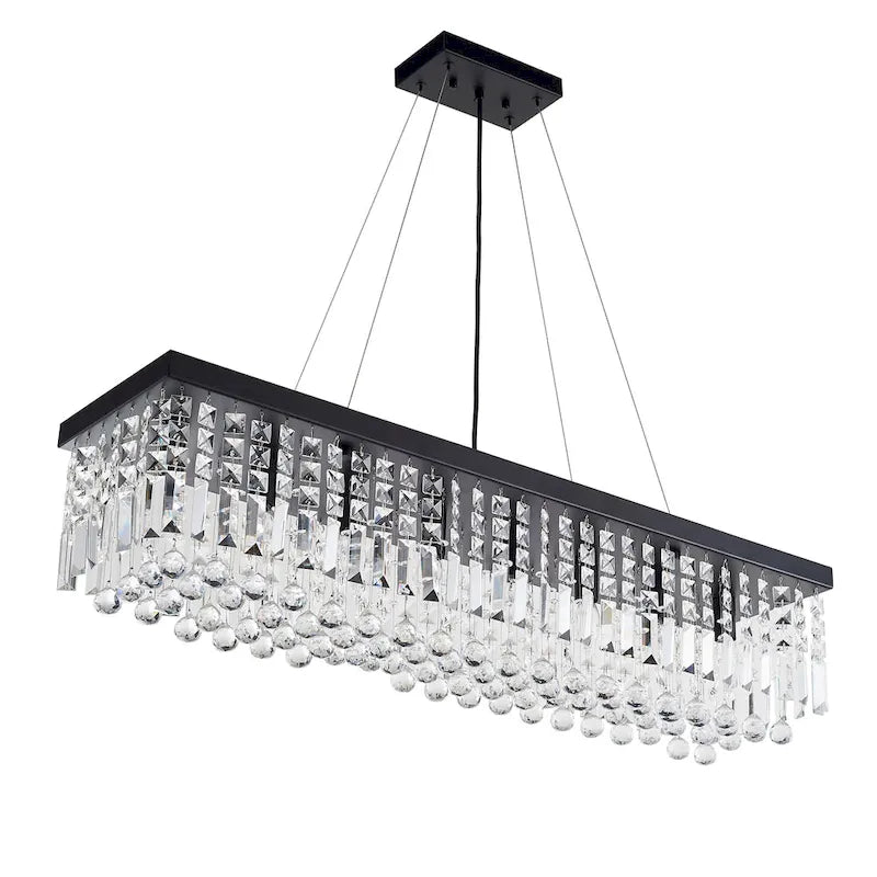 Lustre rectangulaire moderne en cristal K9, suspension à 8 lumières avec ampoules E12 en fer noir mat, idéale pour salle à manger, cuisine ou salon.