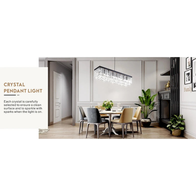 Lustre rectangulaire moderne en cristal K9, suspension à 8 lumières avec ampoules E12 en fer noir mat, idéale pour salle à manger, cuisine ou salon.