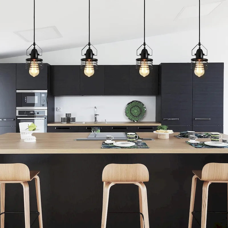 Suspension industrielle noire en métal, abat-jour à ressort, ampoule E26 (1 lumière)