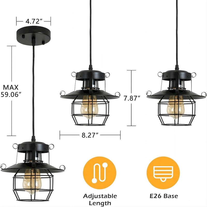 Suspension style ferme vintage, suspension rustique en métal noir, hauteur réglable, ampoule E26 (1 ampoule)