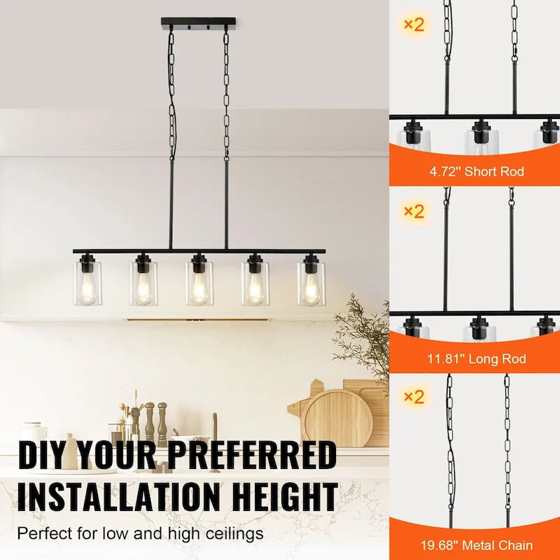 Suspension 5 lumières pour îlot de cuisine, 60 W, réglable, culot E26