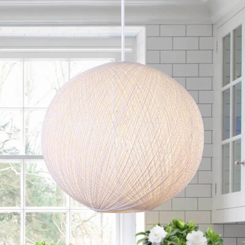 1-Light Beige Single Globe Pendant with Hand-Woven Rattan Shade. - 17.7 