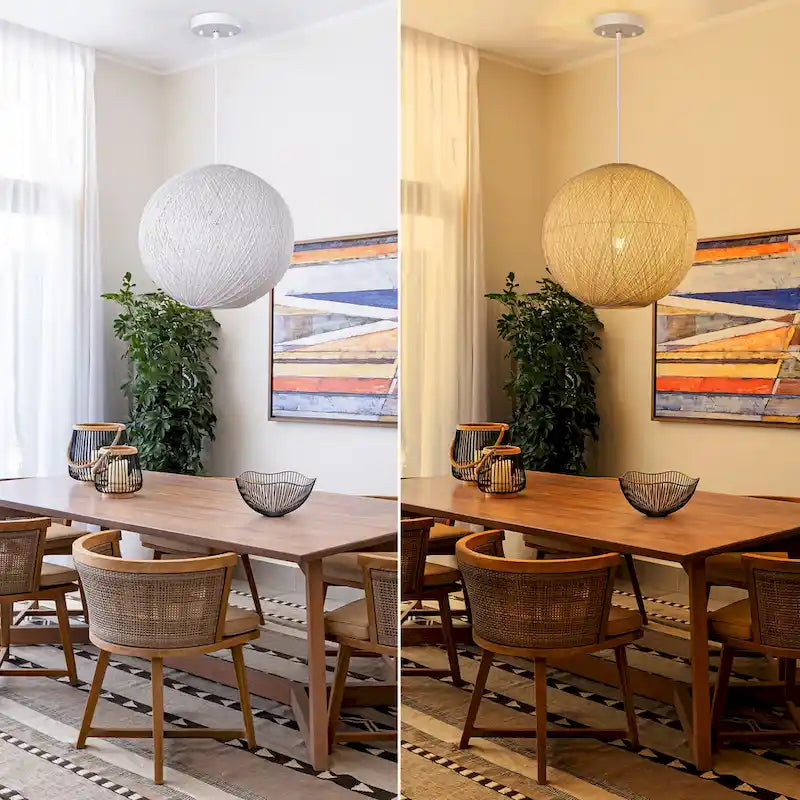 Suspension à un globe beige à une lumière avec abat-jour en rotin tressé à la main. - 17,7