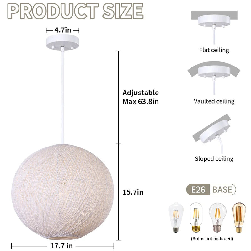 Suspension à un globe beige à une lumière avec abat-jour en rotin tressé à la main. - 17,7