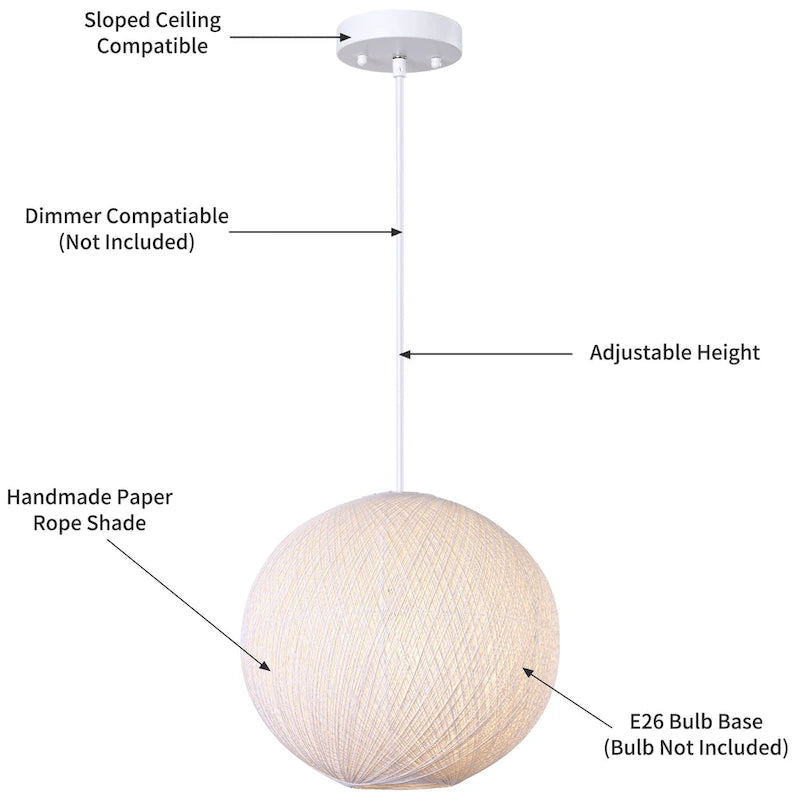 Suspension à un globe beige à une lumière avec abat-jour en rotin tressé à la main. - 17,7